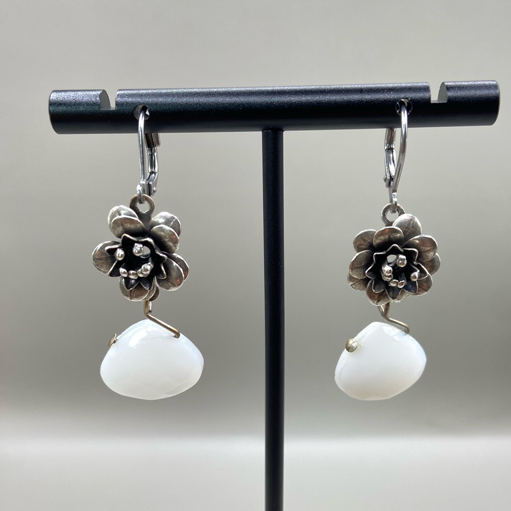 Silver Rose White Chalcedony Dangle Earrings